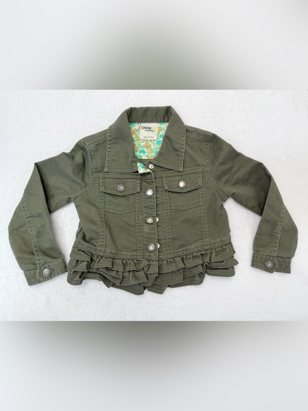 Genuine Kids OshKosh Toddler Girls Olive Green Ruffle Hem Denim Jacket Size 5T